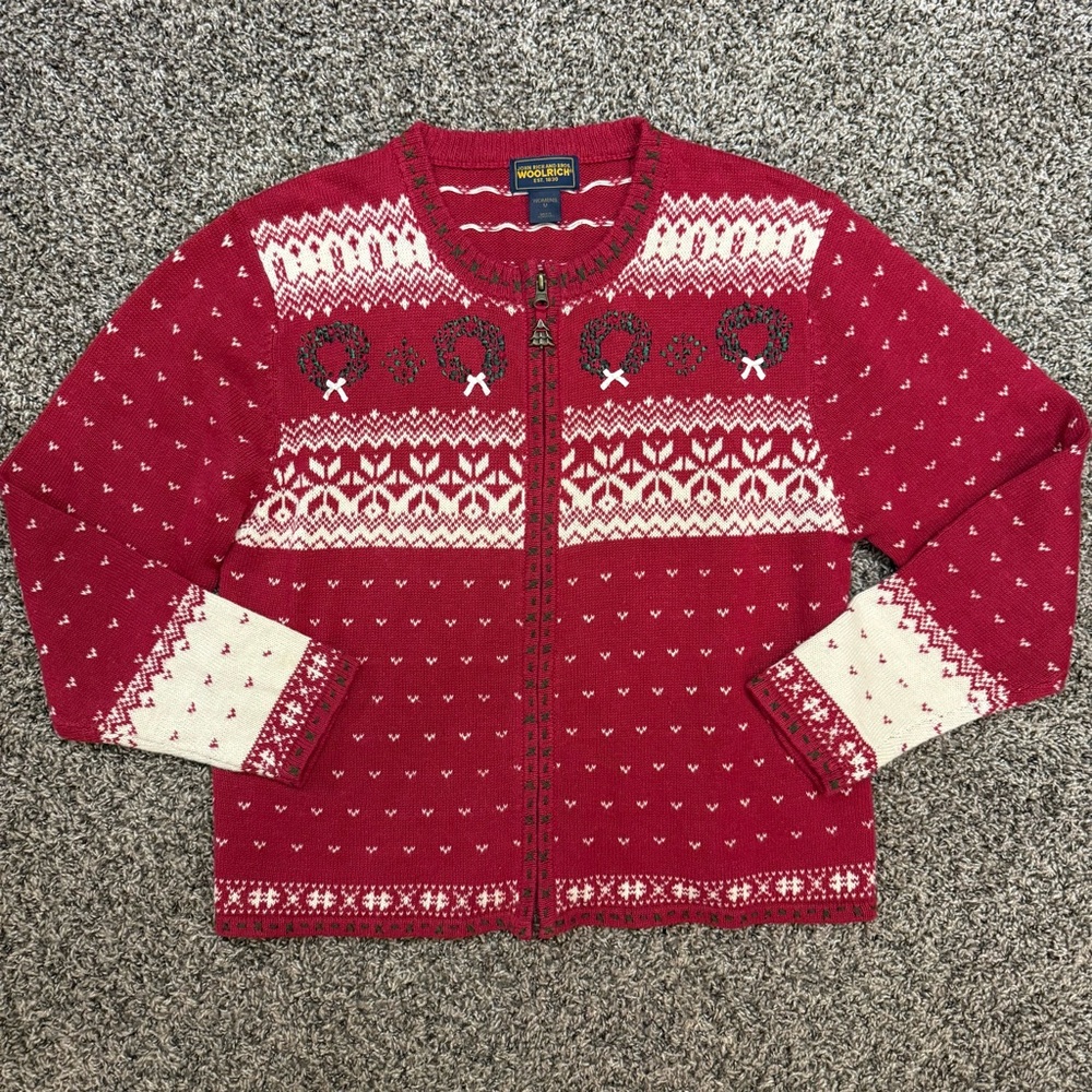 Woolrich Vintage Holiday Christmas Sweater Women’s Size Medium Ruby Red Full Zip